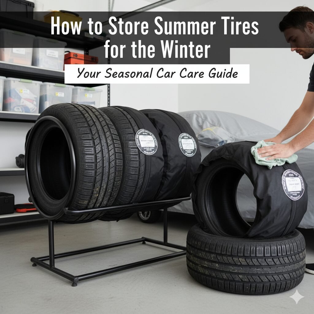 A clean, organized garage showing summer tires stacked correctly on a tire dolly, bagged and ready for storage.