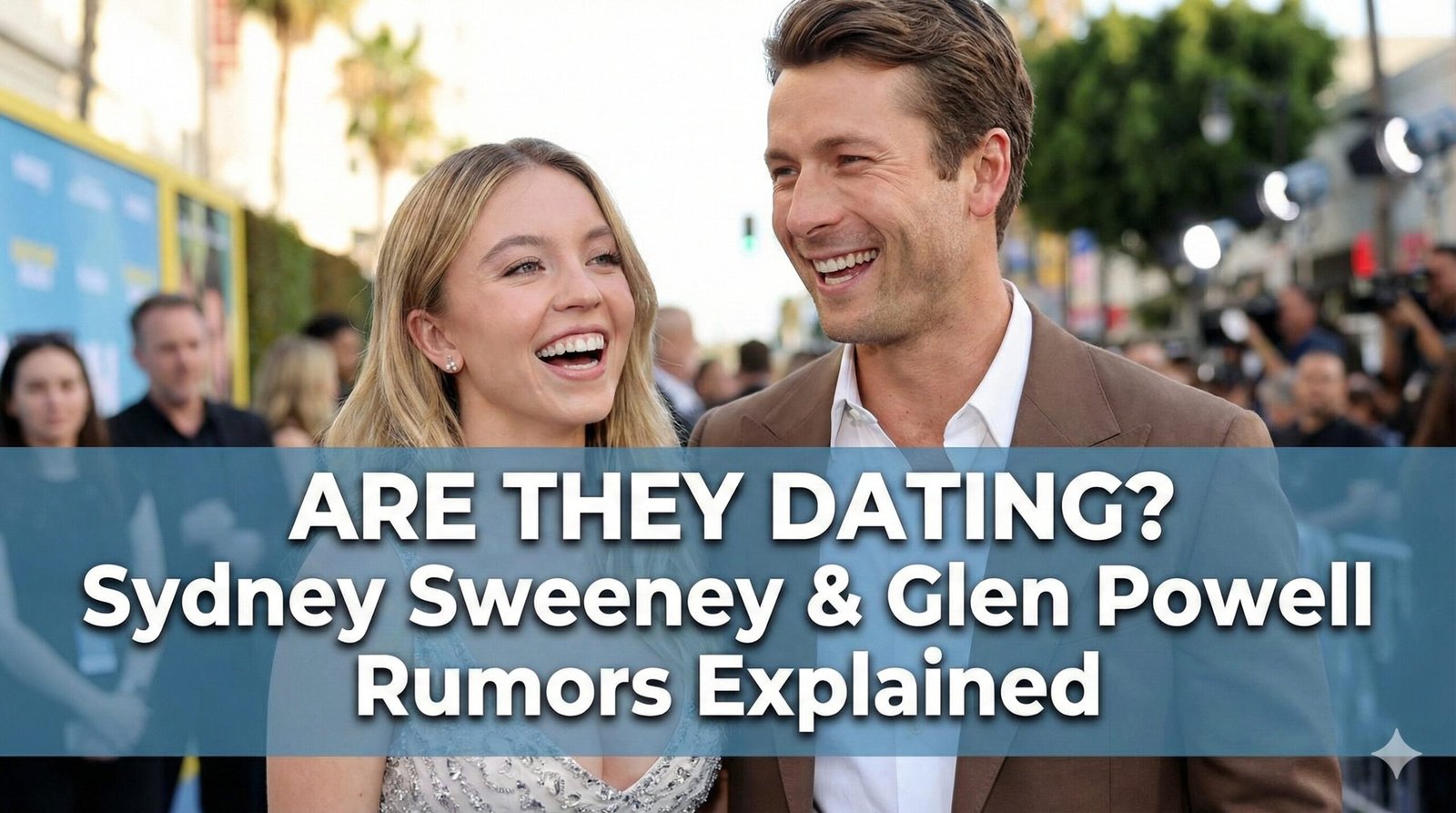 Sydney Sweeney and Glen Powell laughing together on red carpet