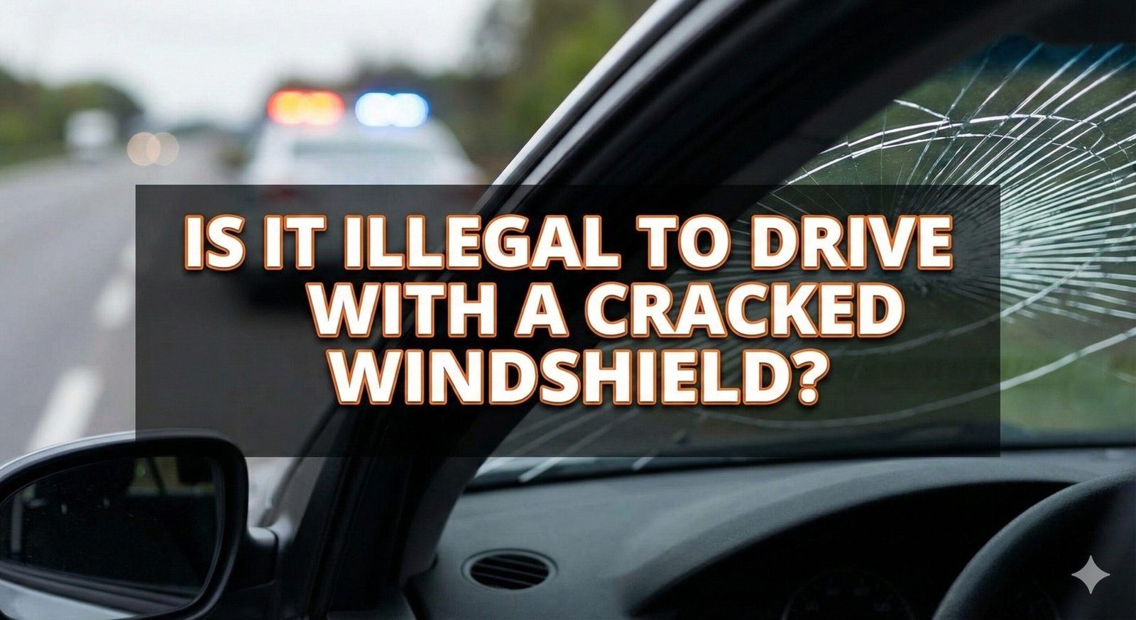 Car windshield with a large crack seen from driver seat