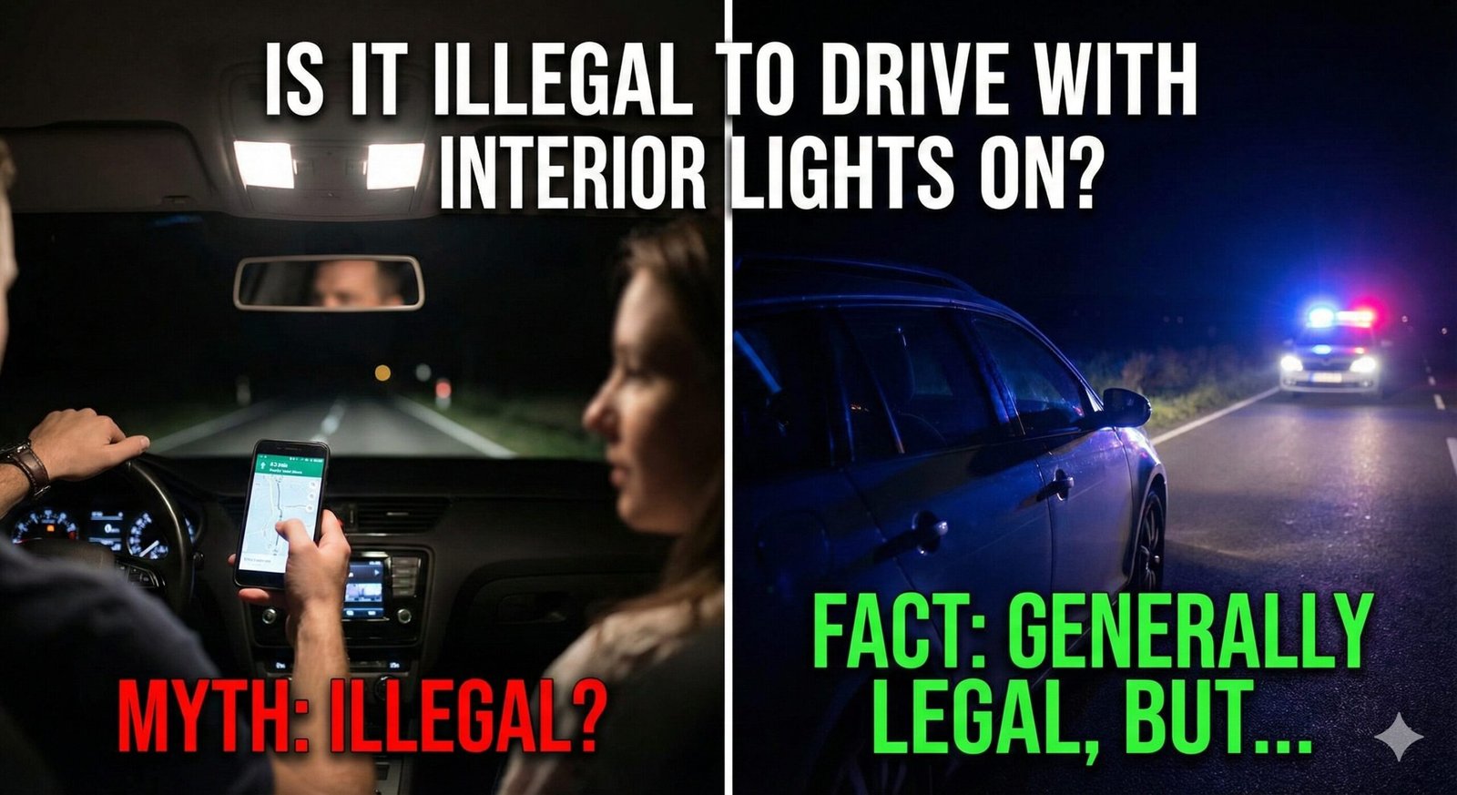 Car driving at night with interior lights on