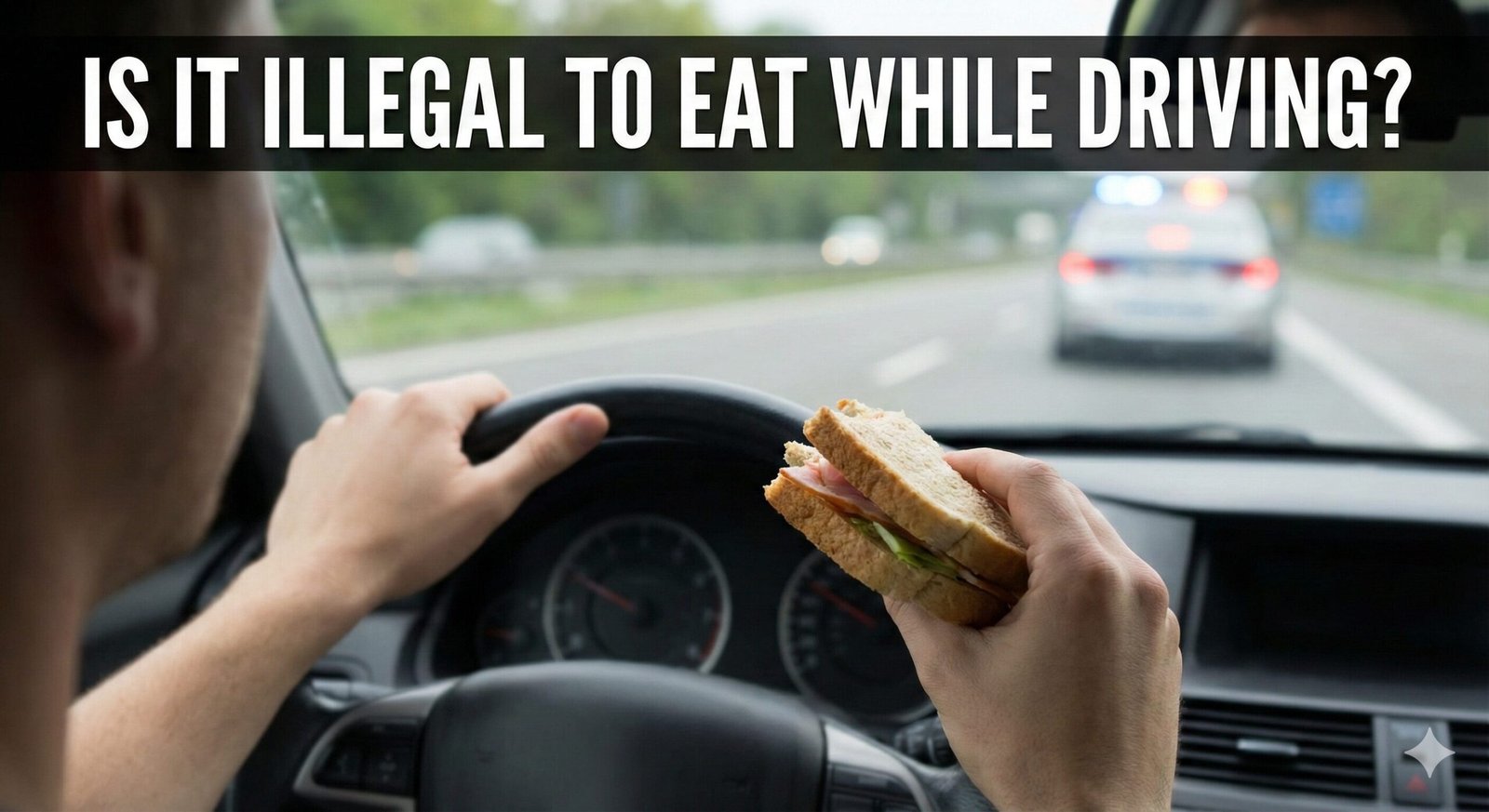 Person eating fast food while holding steering wheel