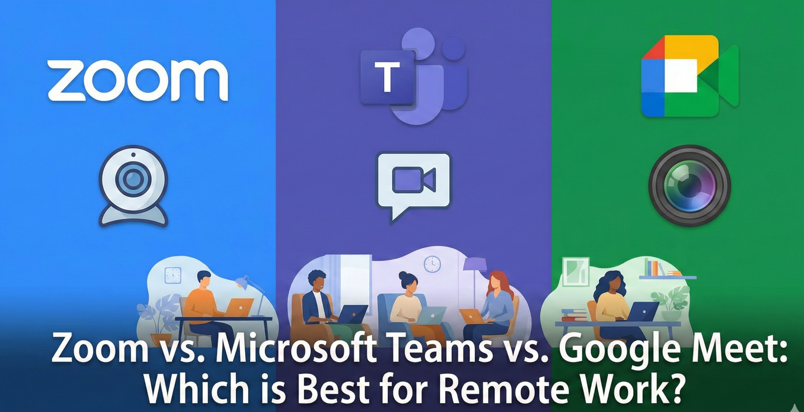 Split screen showing the interfaces of Zoom, Microsoft Teams, and Google Meet