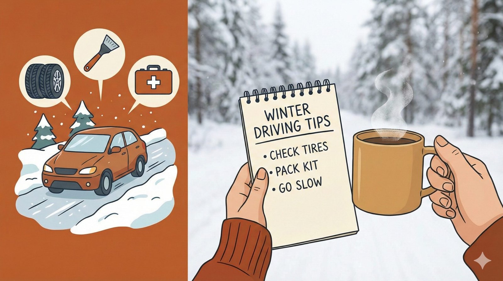 Car driving on a snowy road with pine trees in the background