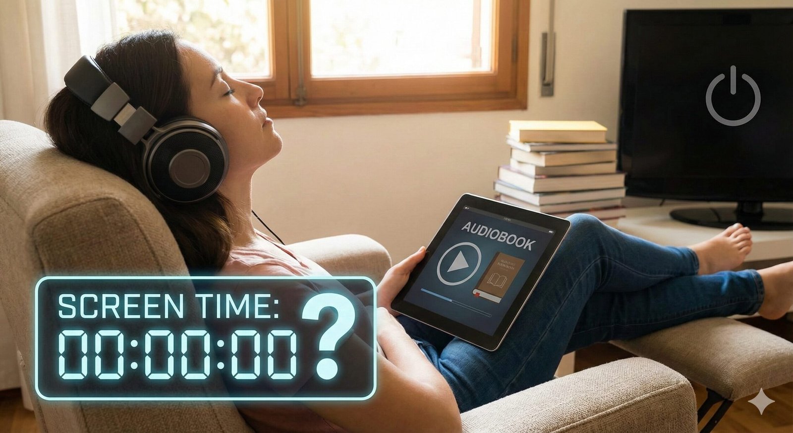 Person relaxing outdoors with eyes closed wearing headphones listening to an audiobook