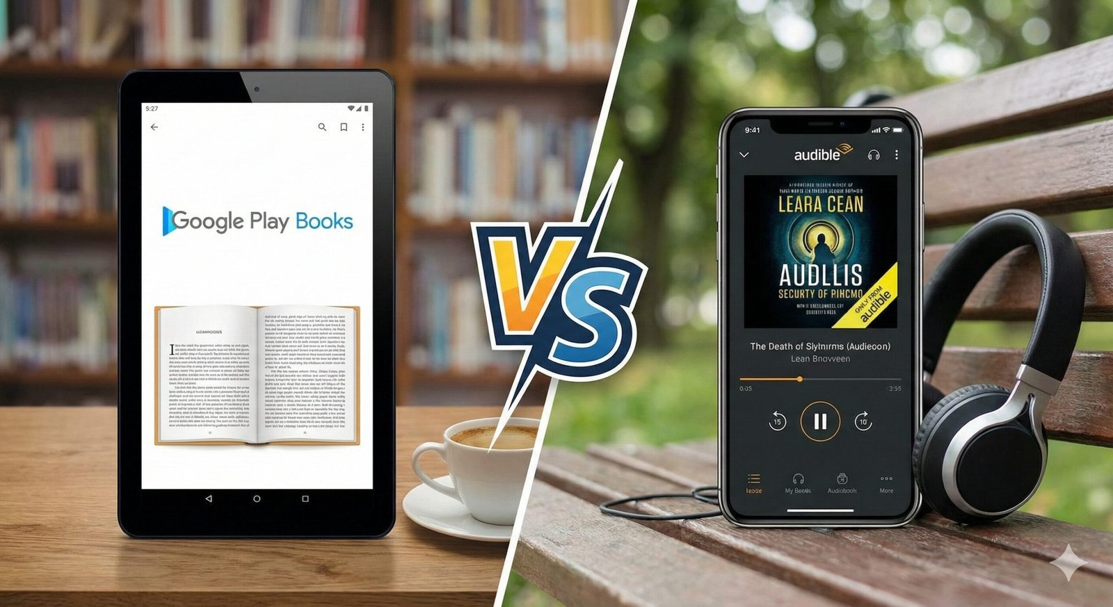 Smartphone displaying audiobook app icon amidst a library setting