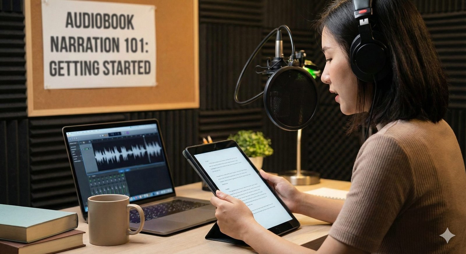 Professional home studio setup with microphone and pop filter for audiobook narration