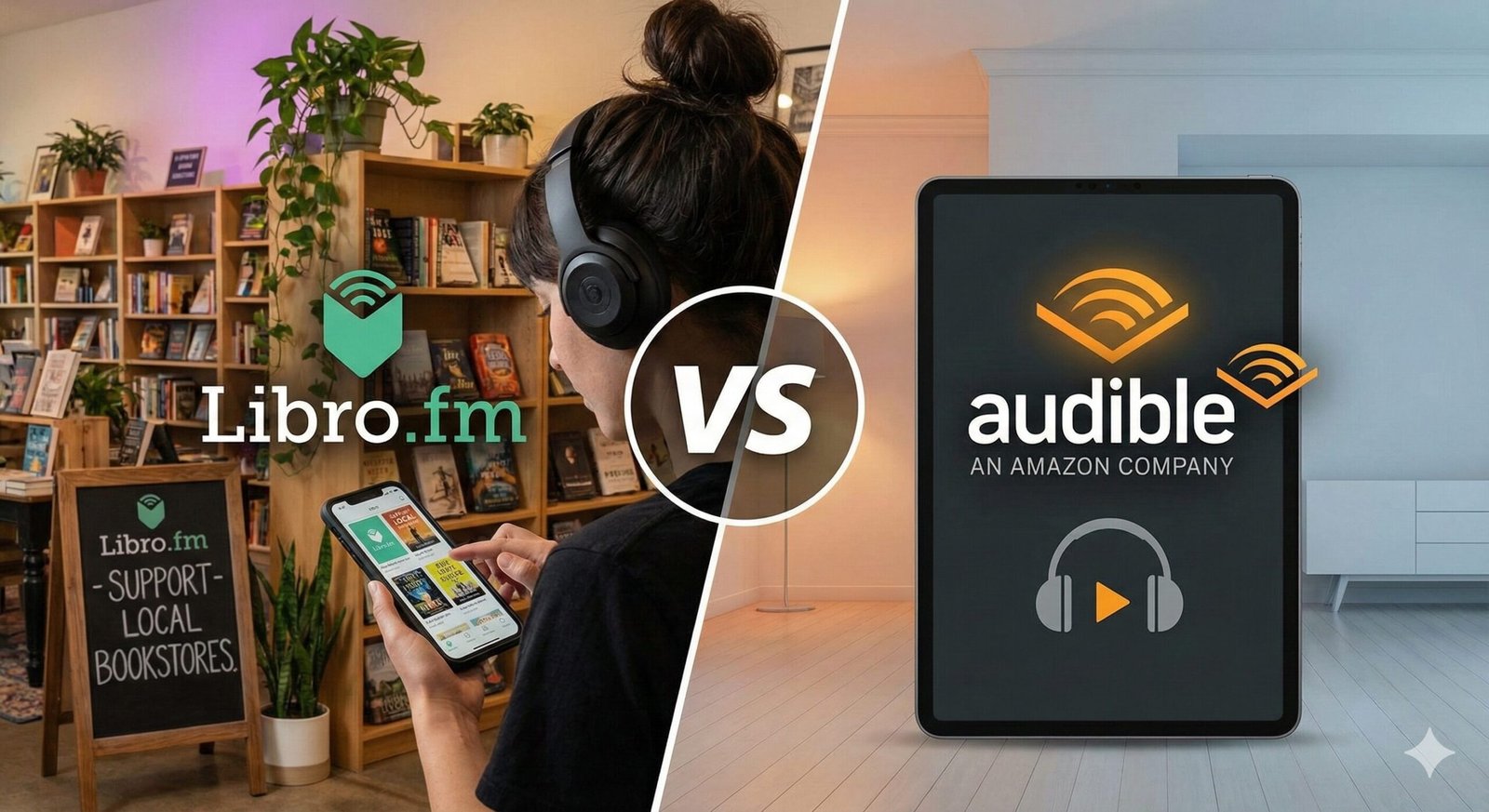 Headphones resting on a stack of books symbolizing the choice between corporate and independent audiobooks