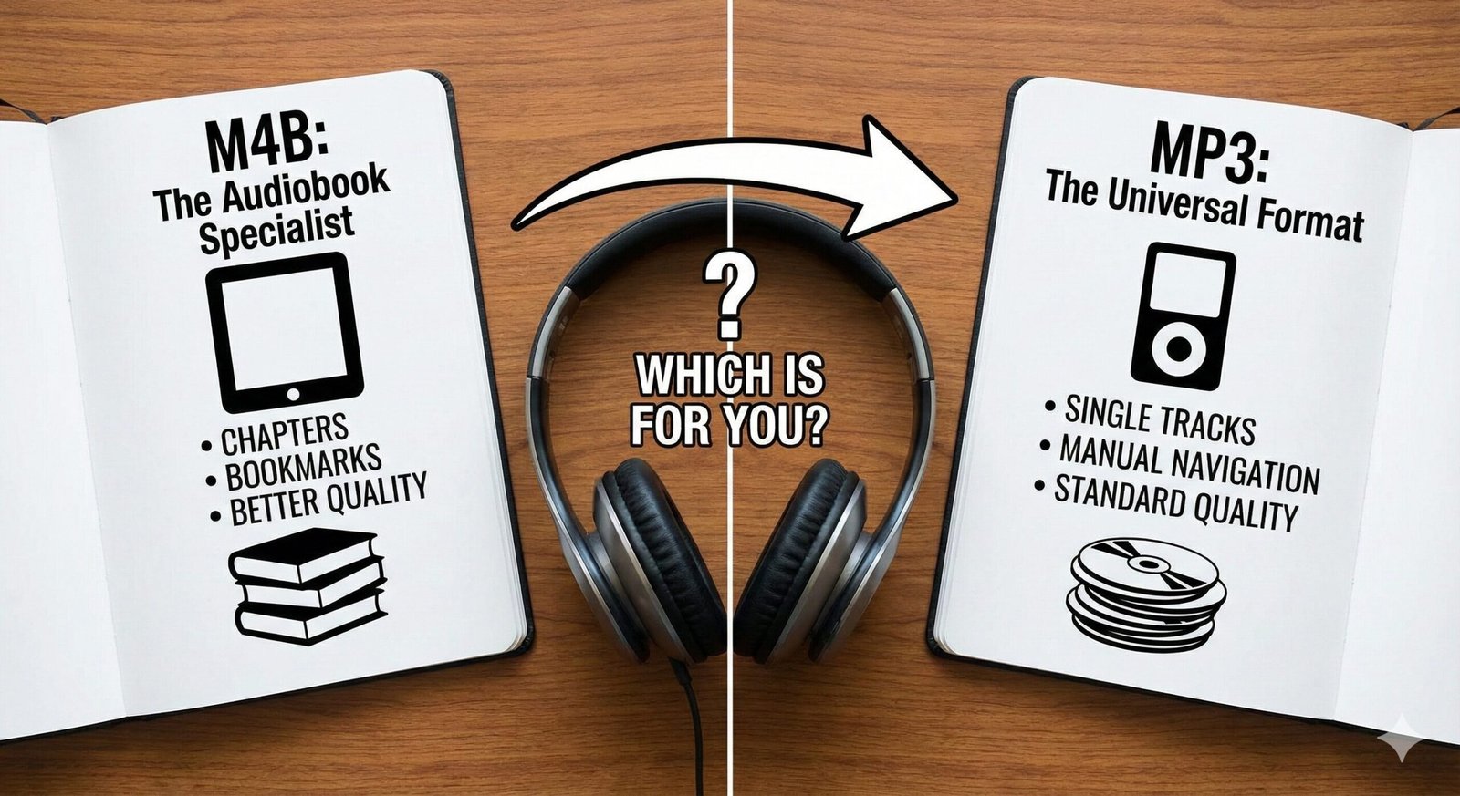 Headphones and smartphone displaying audiobook file formats M4B and MP3