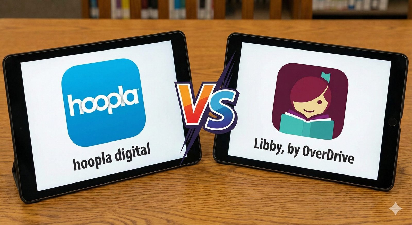 Comparison of digital library apps on a tablet and smartphone with books in background