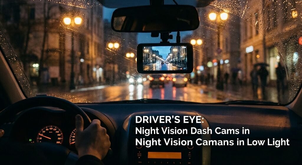 Driver view at night showing dashboard camera recording low light street scene