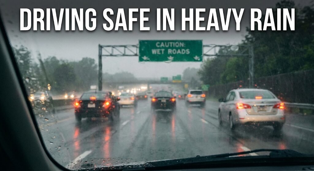Cars driving cautiously on a highway during heavy rain