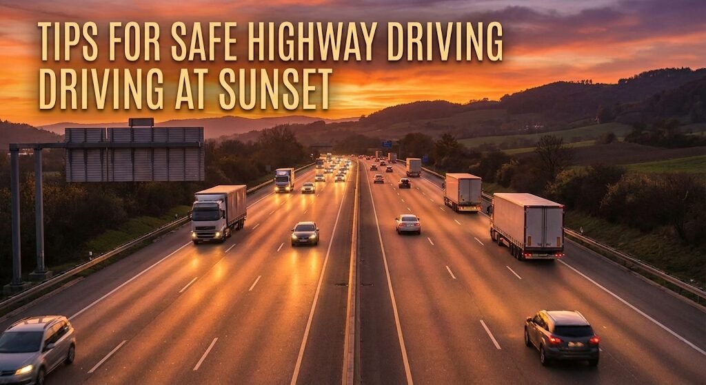 Cars driving safely on a multi-lane highway at sunset