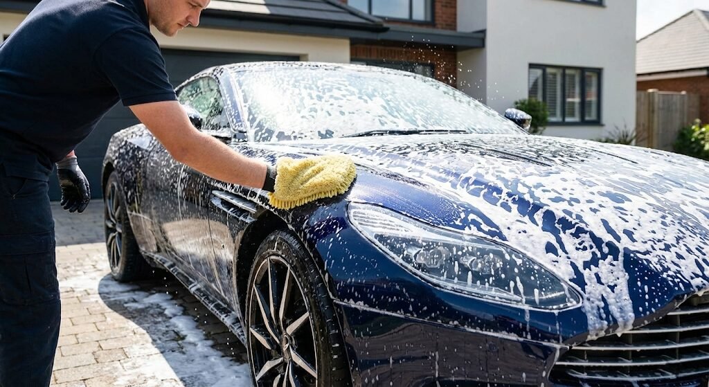 Person washing a luxury car with thick foam and a microfiber mitt
