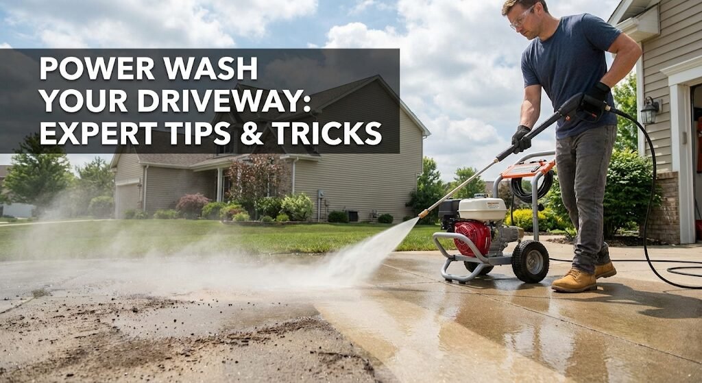 Person using a high-powered pressure washer to clean a concrete driveway