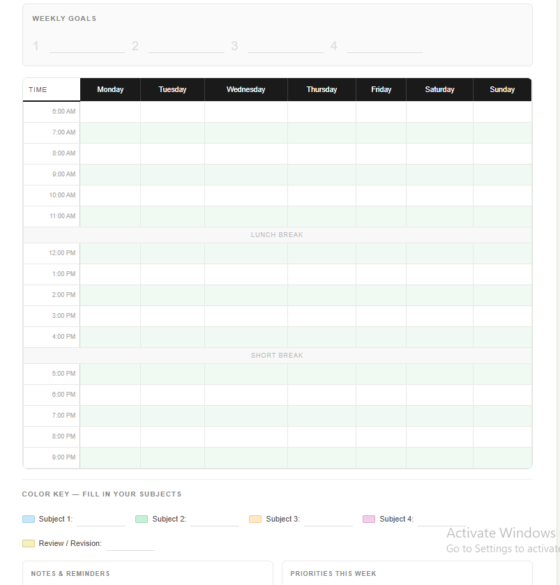 Study Schedule Template