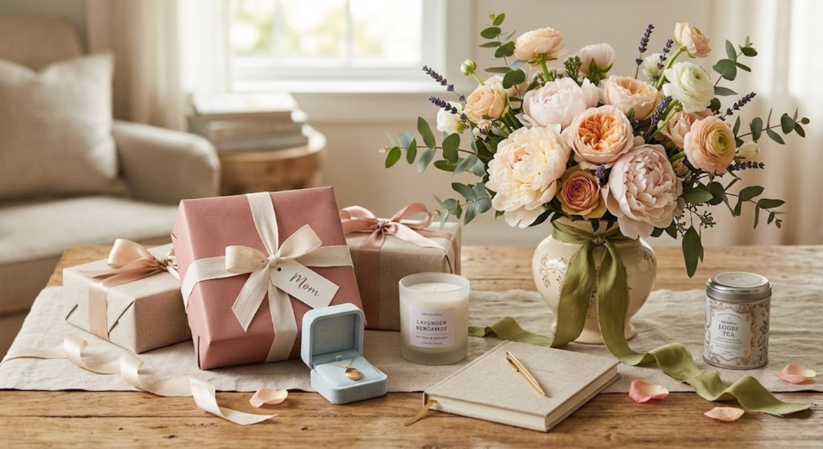 Beautiful gift ideas for mom arranged on a table with flowers and ribbons