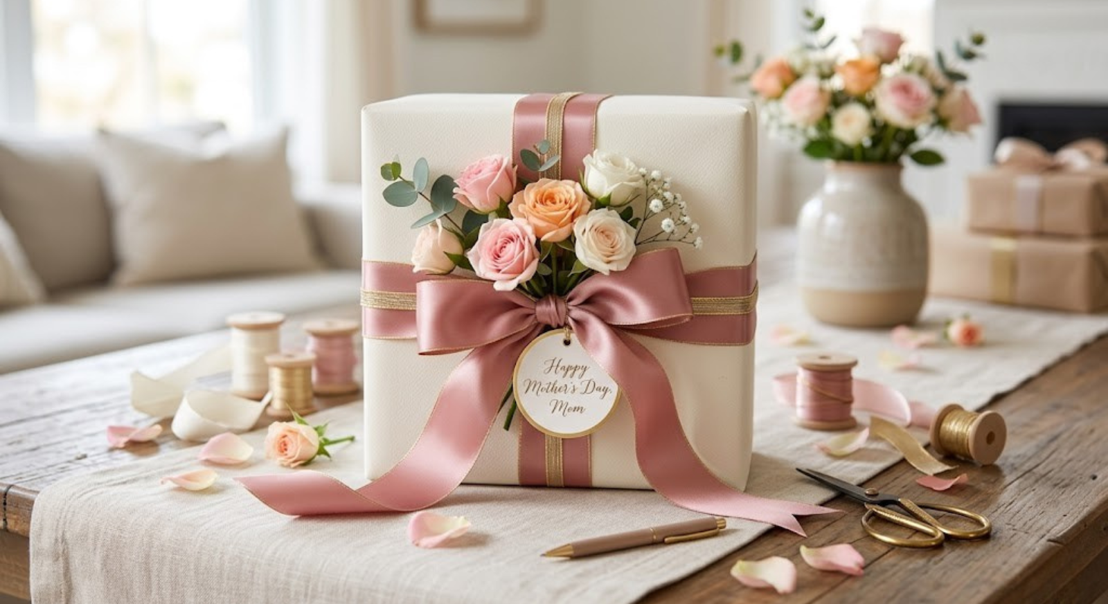 Elegant gift wrapping with roses and ribbons for Mother's Day